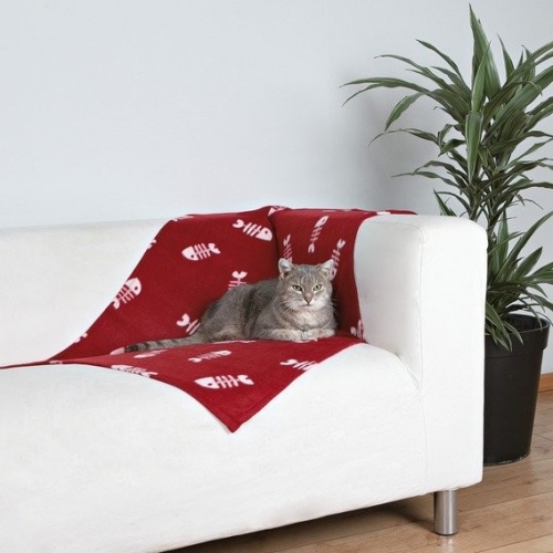 Fleecová deka pro psy a kočky vínová + rybky 100x70cm